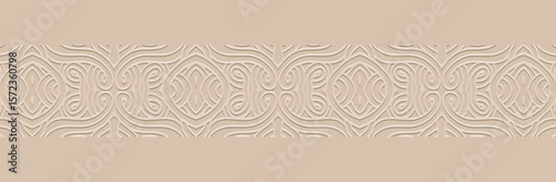 Banner, cover design, wallpaper, fresco. Handmade geometric ethnic vintage pattern on beige background, embossing, 3D. Ornaments, arabesques, mandala, painting of the East, Asia, India, Mexico, Aztecs