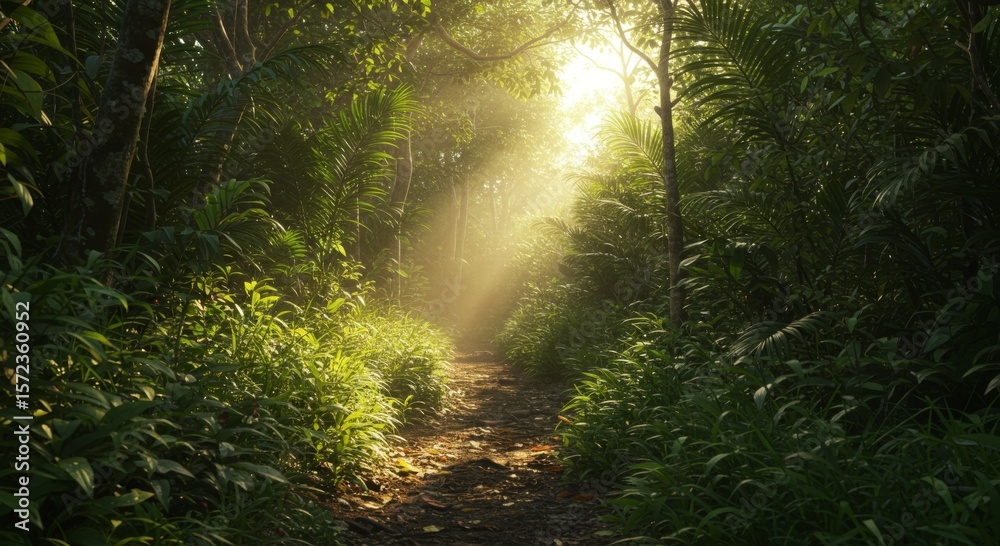 Fototapeta premium Sunlit Path Through Lush Green Forest