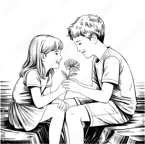 Romantic couple sitting on rocks, smelling fresh flowers in serene nature setting, sharing a tender and intimate moment of love and togetherness