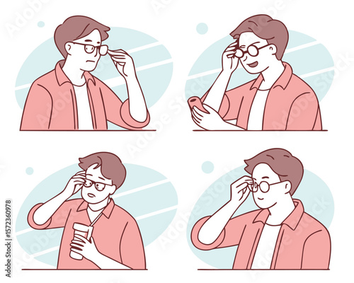 Animated illustration of a man wearing glasses demonstrating different emotions