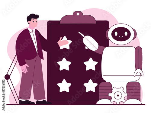 Business team with robot assessing ratings and customer feedback in flat design