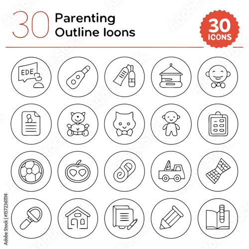 A collection of parenting outline icons featuring various baby and parenting related symbols in circles