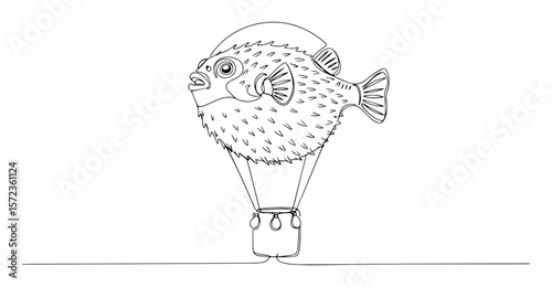 continuous one line drawing of a surreal pufferfish as a hot air balloon