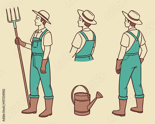 Cartoon farmer poses with watering can and tools for agricultural purposes