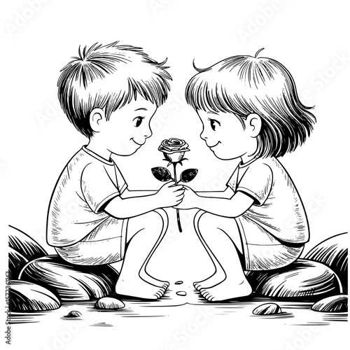 Romantic couple sitting on rocks, smelling fresh flowers in serene nature setting, sharing a tender and intimate moment of love and togetherness