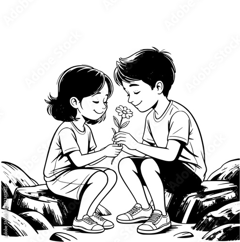Romantic couple sitting on rocks, smelling fresh flowers in serene nature setting, sharing a tender and intimate moment of love and togetherness