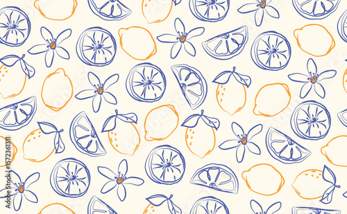 Whimsical hand drawn italian lemon seamless pattern. Blue, yellow summer print. Italy citrus floral sketch. Fruit background for wedding, packaging, fabric, wrapping paper. Trendy vector illustration.