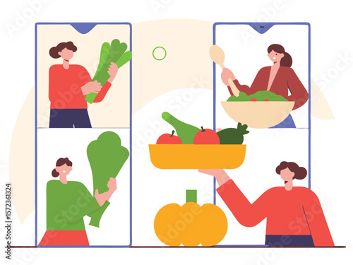 Cooking class online depicted with illustrative people holding fruits and vegetables
