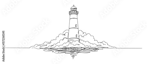lighthouse in clouds with reflection line art illustration