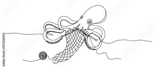 octopus knitting with yarn. continuous one line drawing vector illustration