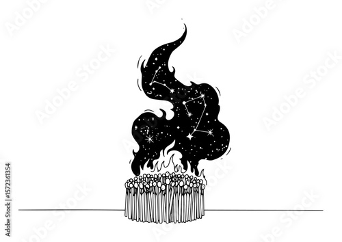 urning matches with universe smoke and constellations. surreal vector art