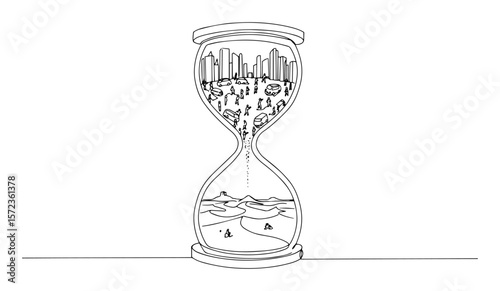hourglass with city transforming into desert