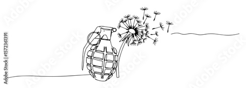 grenade with blooming dandelion line art illustration