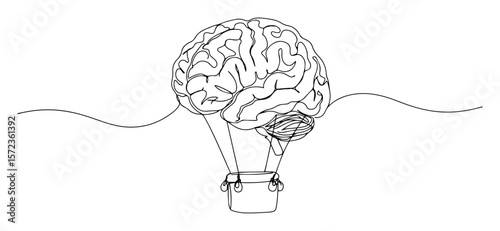 brain as a hot air balloon. creativity and ideas concept, one line drawing vector