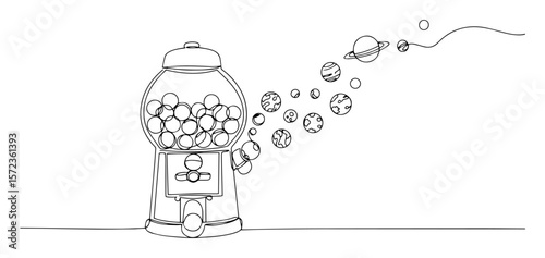 gumball machine dispensing planets. space universe concept, continuous one line drawing