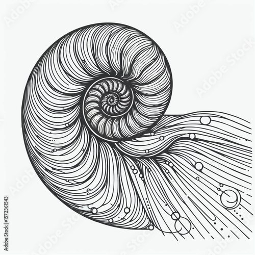 Intricate nautilus shell illustration with flowing lines and bubbles