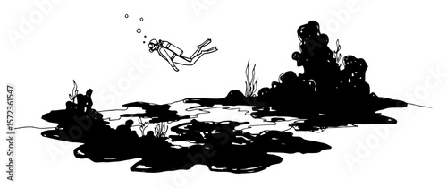 scuba diver exploring dark reef. ocean underwater scene vector sketch