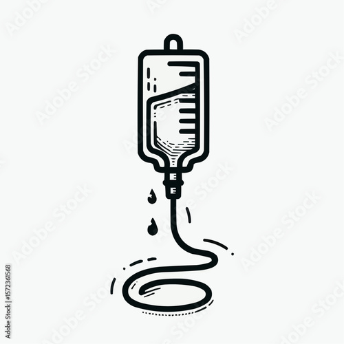 Stylized IV drip bag illustration with flowing liquid in a minimalist design