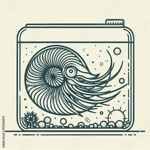 Stylized nautilus shell inside a glass aquarium with marine elements