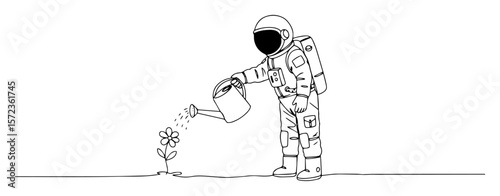 astronaut watering flower continuous one line drawing