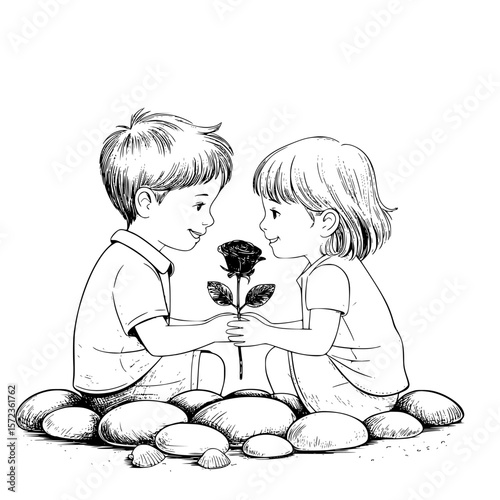 Romantic couple sitting on rocks, smelling fresh flowers in serene nature setting, sharing a tender and intimate moment of love and togetherness
