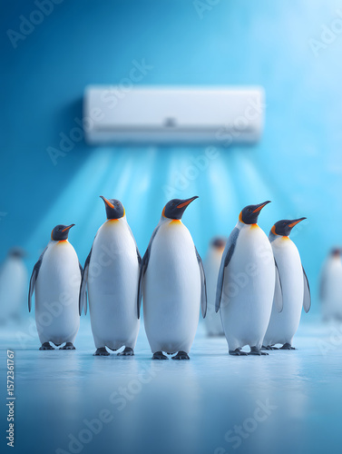 Plakat 冷房の効いた氷の部屋でエアコンの風を浴びるペンギンたちの涼感シーン