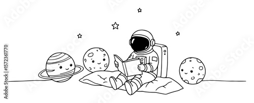 astronaut reading book with cute planets continuous one line drawing