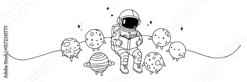 astronaut reading book to cute planets continuous one line drawing