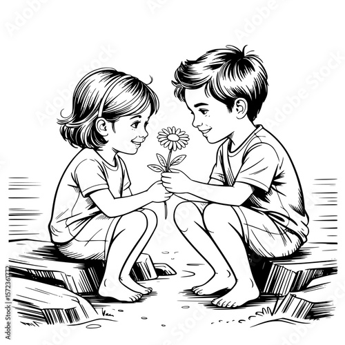 Romantic couple sitting on rocks, smelling fresh flowers in serene nature setting, sharing a tender and intimate moment of love and togetherness