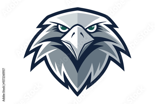 Detailed eagle head shows sharp green eyes and formidable expression as an emblem