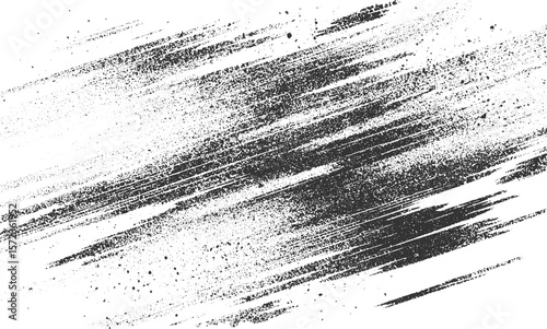 Textured black brush strokes and scattered dots on white background abstract coarse