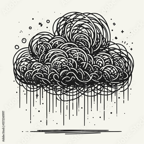 Abstract cloud illustration with rain in whimsical style, monochrome, depicting weather mood