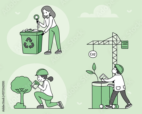 Environmental conservation illustration showing recycling tree planting and carbon dioxide reduction