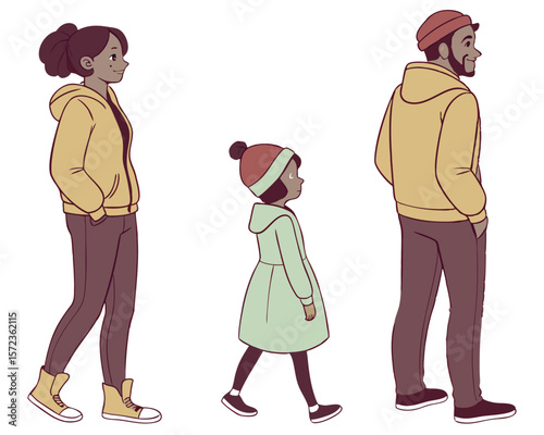 Family outing illustration featuring father mother and child walking together in casual attire