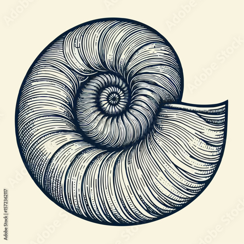Intricate nautilus shell illustration in detailed vintage style, monochrome, symbolizing marine life and natural beauty