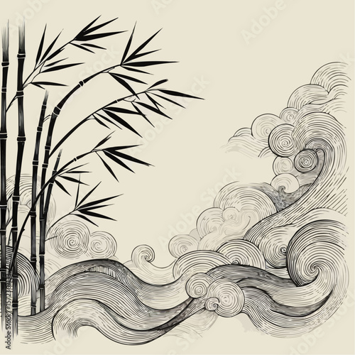 Bamboo and cloud illustration with flowing waves in an East Asian style, monochrome, symbolizing nature and serenity
