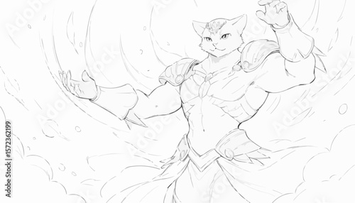 Fantasy character sketch of a powerful feline warrior casting magic spells