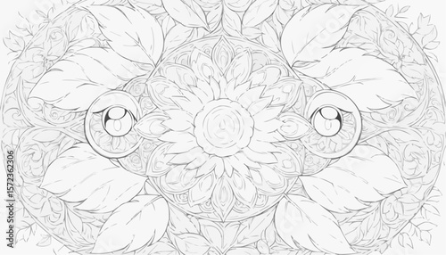 Intricate floral mandala coloring page featuring sunflowers, leaves, and a harmonious design