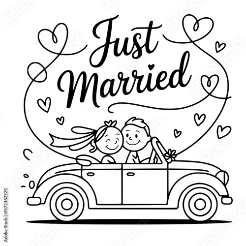 just married couple smiling in wedding car with love and joy