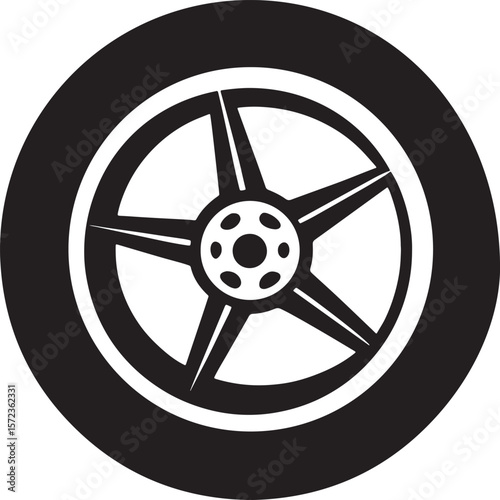 five spoke car wheel rim and tire silhouette isolated on white background