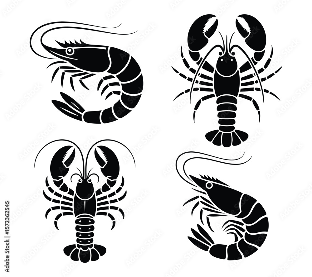 Obraz premium Lobster and Shrimp Icon Set, Vector Seafood Silhouettes for Restaurant Menu | 10 EPS Prawn