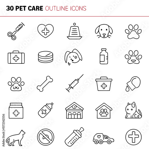 Outline icons depicting various pet care related symbols including grooming medical and animal supplies items