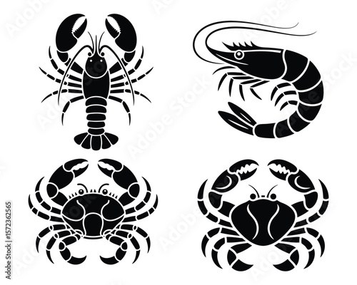 Seafood Crab Emblem Set, Isolated Crustacean Icons for Culinary Graphics