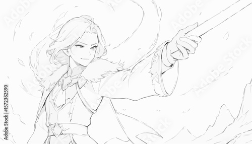 Powerful fantasy male wizard casting a spell, action pose, black and white anime sketch