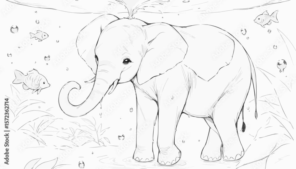 Obraz premium Playful elephant in a whimsical underwater scene, charming wildlife illustration, black and white coloring page 