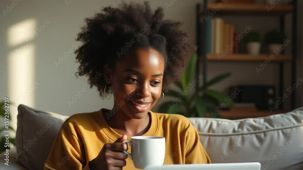 Happy Black Woman Enjoying Coffee at Home