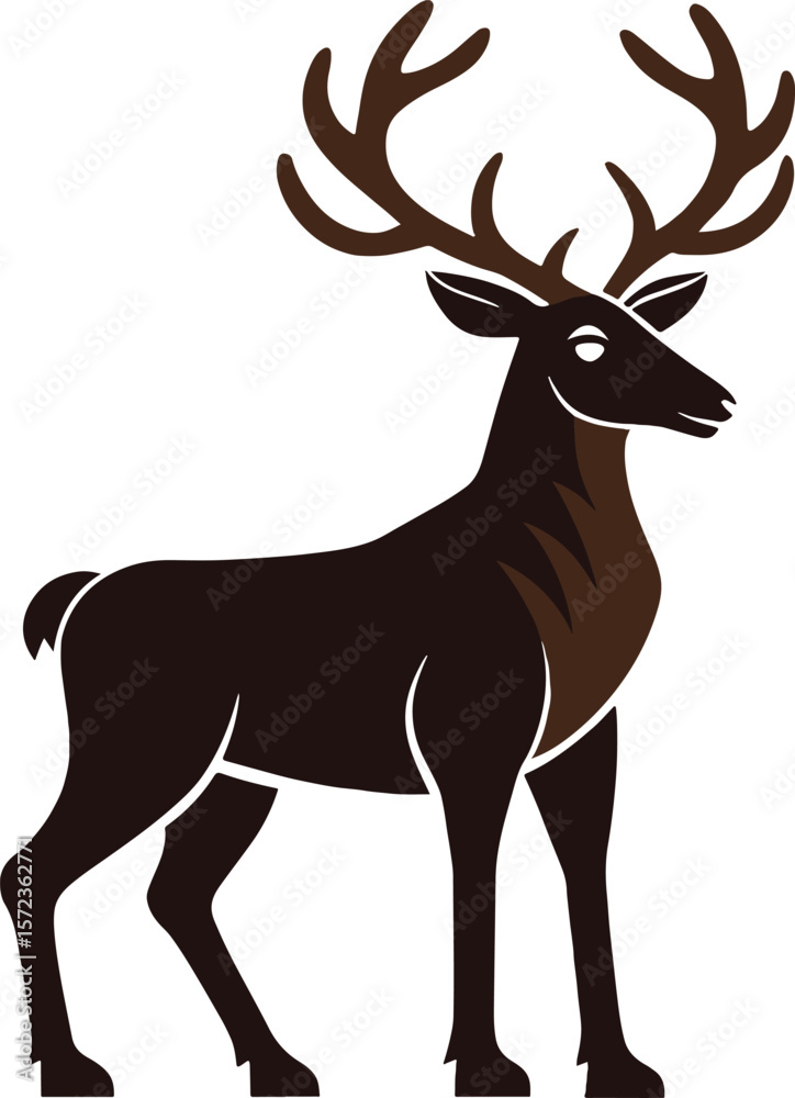 Fototapeta premium dark brown deer with large antlers standing silhouette isolated on white background