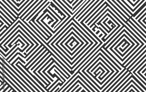 Black and white geometric maze pattern with sharp angles and interlocking squares abstract