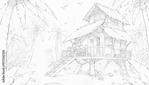 Charming tropical treehouse surrounded by palm trees, inviting nature scene, black and white coloring page
