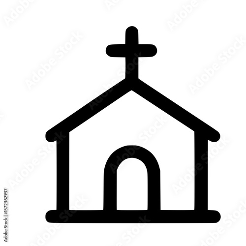 Outline Simple Church Building with Cross Religion Place of Worship Icon